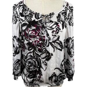 WHBM Small Blouse Dark Floral Pleated Smocked Retro Whimsigoth GUC